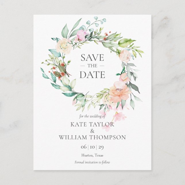 Cartão Postal De Anúncio Doce Rosa de Verão Garland Guarde a Data (Frente)