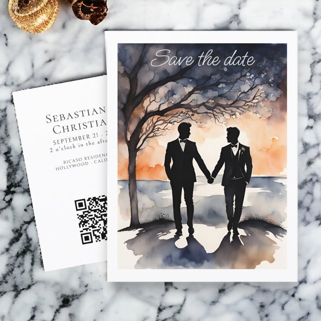 Cartão Postal De Anúncio Dois Noivos Casamento Gay Salva a Data (Two Grooms Gay Wedding Save the Date Announcement Postcard from Ricaso. LGBT wedding products)