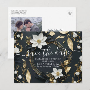 Cartão Postal De Anúncio Dourada Floral Wreath Wedding Foto Salvar Data