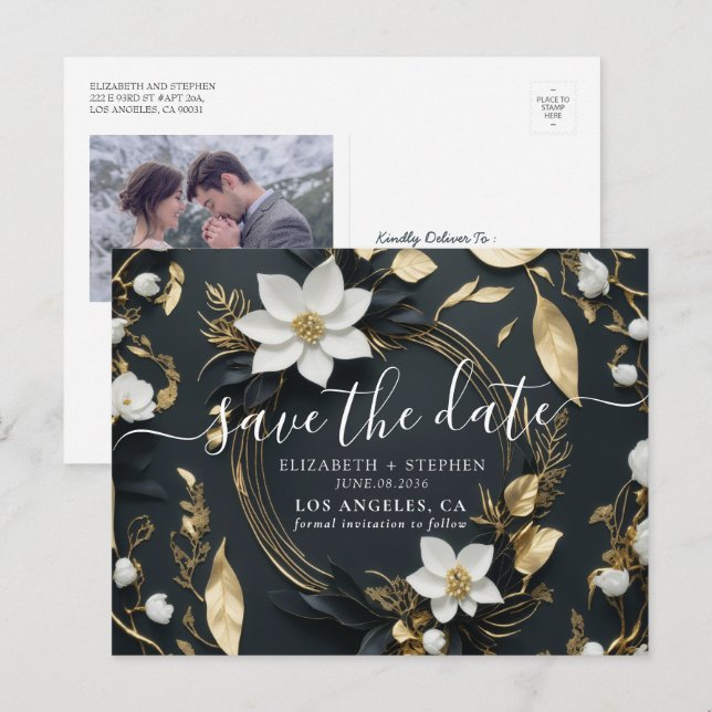 Cartão Postal De Anúncio Dourada Floral Wreath Wedding Foto Salvar Data (Frente/Verso)