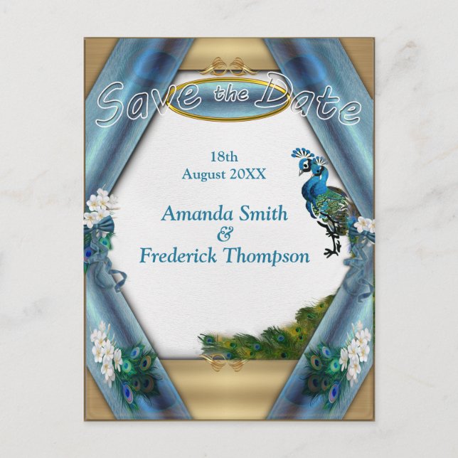 Cartão Postal De Anúncio Dourado, 2 Peacocks, Penas na Emerald Green Silk (Frente)