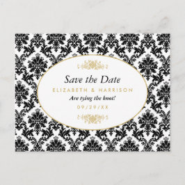 Cartão Postal De Anúncio Dourado Antigo, Preto e Branco Damask Save The Dat