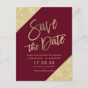 Cartão Postal De Anúncio Dourado brilho script marsala vermelho salvar a da