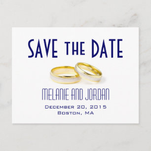 Cartão Postal De Anúncio Dourado Casamento Rings Azul Salve os Cartões-post