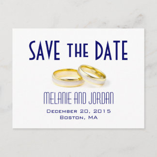 Cartão Postal De Anúncio Dourado Casamento Rings Azul Salve os Cartões-post