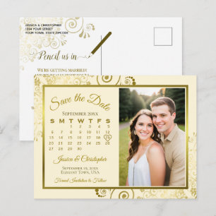 Cartão Postal De Anúncio Dourado e Creme Casamento Salvar a Foto do Calendá