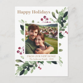 Cartão Postal De Anúncio Dourado Feliz Natal Verde Berries Nova Casa