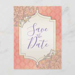 Cartão Postal De Anúncio Dourado Lavanda Coral Marroquino Glam Salve a Data