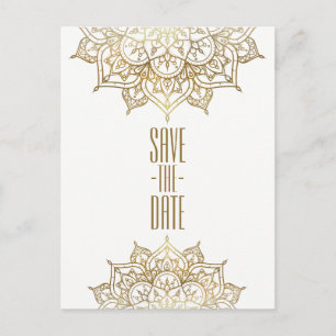 Cartão Postal De Anúncio Dourado Mandala & Branco Chic Elegante Save the Da