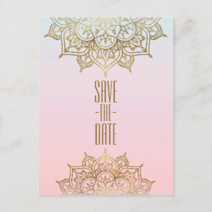 Cartão Postal De Anúncio Dourado Mandala Rosa Pêssego Elegante Chique Save