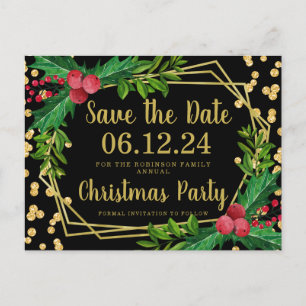 Cartão Postal De Anúncio Dourado Natal preto - Salvar data Holly Glitter
