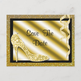 Cartão Postal De Anúncio Dourado Stiletto e Streamers Quinceañera