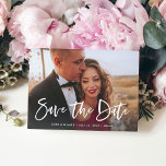 Cartão Postal De Anúncio Duas Fotografias | Script Casual Salvar a Data<br><div class="desc">Este cartão postal de data moderno e elegante apresenta duas das suas fotografias pessoais favoritas, com um roteiro casual de branco. A parte de trás contém uma segunda foto com uma camada translúcida e mais detalhes e informações sobre o seu casamento. Um olhar simples e moderno que vai ajustado perfeitamente...</div>