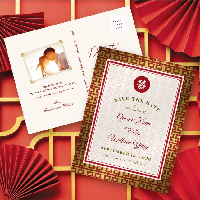 Cartão Postal De Anúncio Dupla Felicidade Dourada e Vermelha Chinesa Salva  (Gold & Red Double Happiness Chinese Save The Date Announcement Postcard @ fatfatin_red_knot)