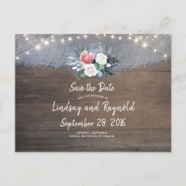 Cartão Postal De Anúncio Dusty Blue e Blush Rustic Country Salvem a Data