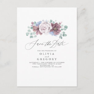 Cartão Postal De Anúncio Dusty Blue e Mauve Floral Guardem o Cartão de Data