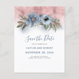 Cartão Postal De Anúncio Dusty Blue e Rosa Dourado Floral Salvar a Data