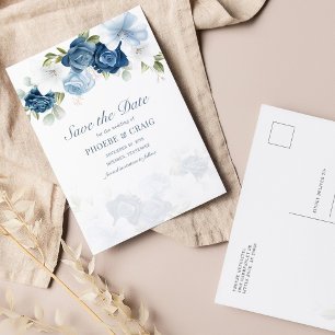Cartão Postal De Anúncio Dusty Blue Floral Bloom Eucalyptus Salvar a Data
