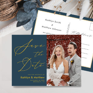 Cartão Postal De Anúncio Dusty Blue Modern Script Casamento Salve A Data