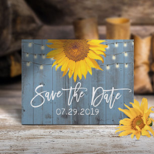 Cartão Postal De Anúncio Dusty Blue Rustic Sunflower Casamento Salva a Data