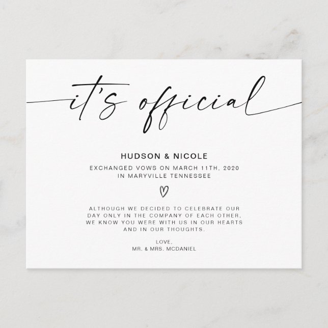 Cartão Postal De Anúncio É Casamento Oficial de Elopement (Frente)