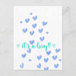 Cartão Postal De Anúncio É UM MENINO - Corações em aquarela azul e verde-az