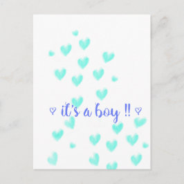 Cartão Postal De Anúncio É UM MENINO - Teel & Blue Watercolor Hearts design