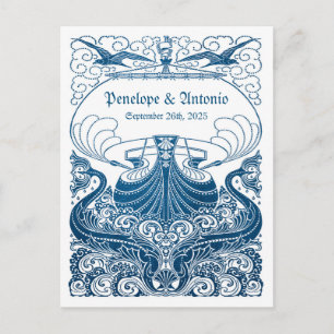 Cartão Postal De Anúncio Economias azuis náuticas do casamento da folha do