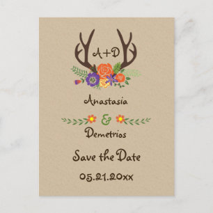 Cartão Postal De Anúncio Economias do casamento do monograma dos Antlers &