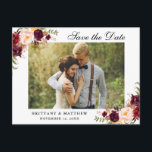 Cartão Postal De Anúncio Economias florais de Borgonha da aguarela a data<br><div class="desc">Economias florais de Borgonha Marsala da aguarela o cartão do noivado da data</div>