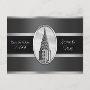 Cartão Postal De Anúncio Edifício Chrysler Save the Date Cinza Prata BW