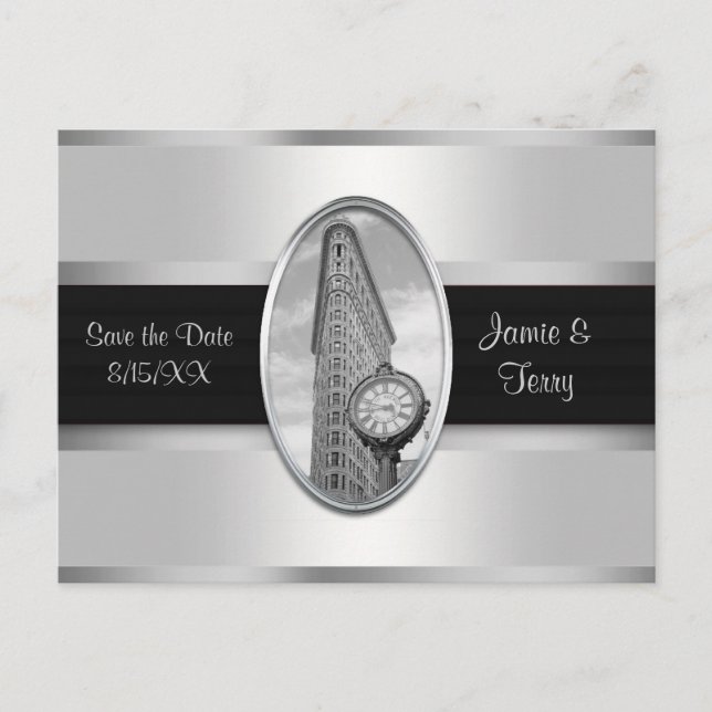 Cartão Postal De Anúncio Edifício Flatiron Branco Prata BW Save the Date (Frente)