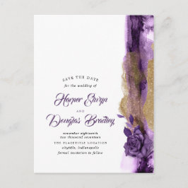 Cartão Postal De Anúncio EggPlant Purple e Dourada Glitter Salvar a Data