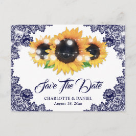 Cartão Postal De Anúncio Elegant Navy Blue Floral Lace Sunflower