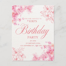Cartão Postal De Anúncio Elegant Pink Floral Birthday Invitation