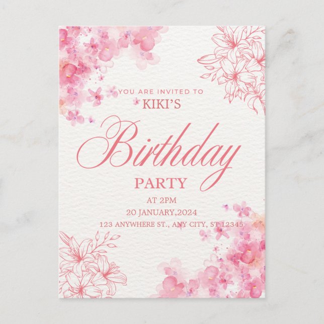 Cartão Postal De Anúncio Elegant Pink Floral Birthday Invitation (Frente)