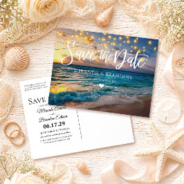 Cartão Postal De Anúncio Elegant Summer Sunset Beach Wedding Salvar a Data