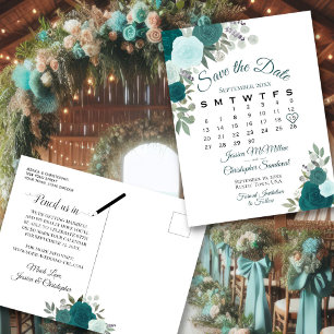 Cartão Postal De Anúncio Elegant Teal Roses Wedding Save the Date Calendar