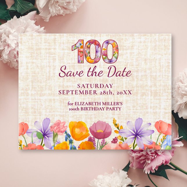 Cartão Postal De Anúncio Elegant Wildflower 100th Birthday Save the Date (Criador carregado)