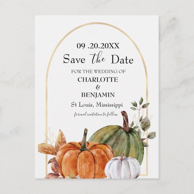 Cartão Postal De Anúncio Elegante abóbora em aquarela Save the Date para Ca (Frente)