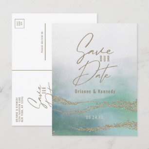 Cartão Postal De Anúncio Elegante Aquarela Aquático Oceano & Dourado Salve 