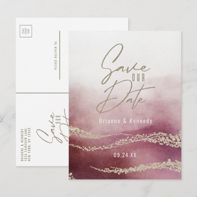 Cartão Postal De Anúncio Elegante Aquarela em Borgonha e Dourado Save the D (Frente/Verso)