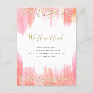 Cartão Postal De Anúncio Elegante Aquarela Rosa e Dourado   Novo Endereço