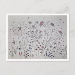 Cartão Postal De Anúncio Elegante Arte de Linha de Prado de Flores Silvestr