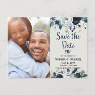 Cartão Postal De Anúncio Elegante Azul Marinho com Flores Brancas Casamento