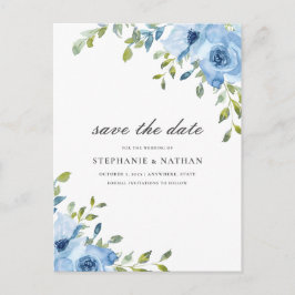 Cartão Postal De Anúncio Elegante Blue Floral Greenery Salvar a Data