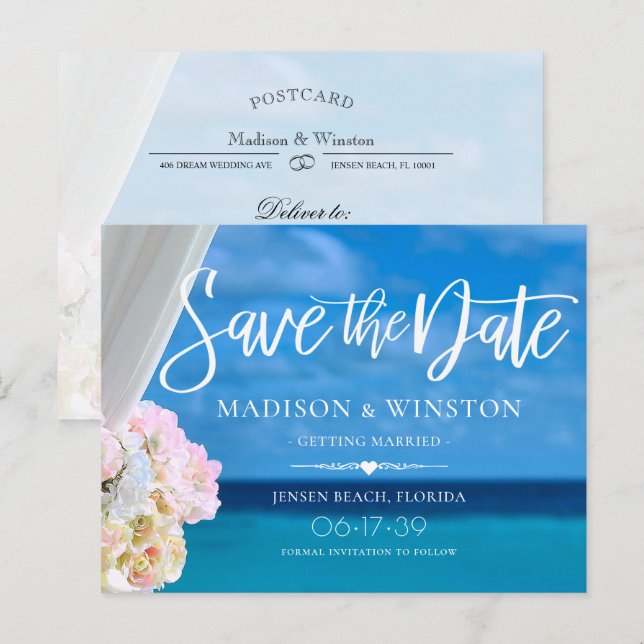 Cartão Postal De Anúncio Elegante Blue Ocean Beach Summer Salve a data (Frente/Verso)