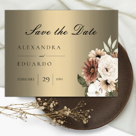 Cartão Postal De Anúncio Elegante Boho Floral Dourado Casamento