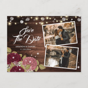 Cartão Postal De Anúncio Elegante Burgundy Blush Wood Foto Salvar A Data