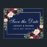 Cartão Postal De Anúncio Elegante Burgundy Floral Blue Salvar Data<br><div class="desc">Watercolor Floral Burgundy Marsala,  Blue and Dourado Save the Date Noivado Postal</div>